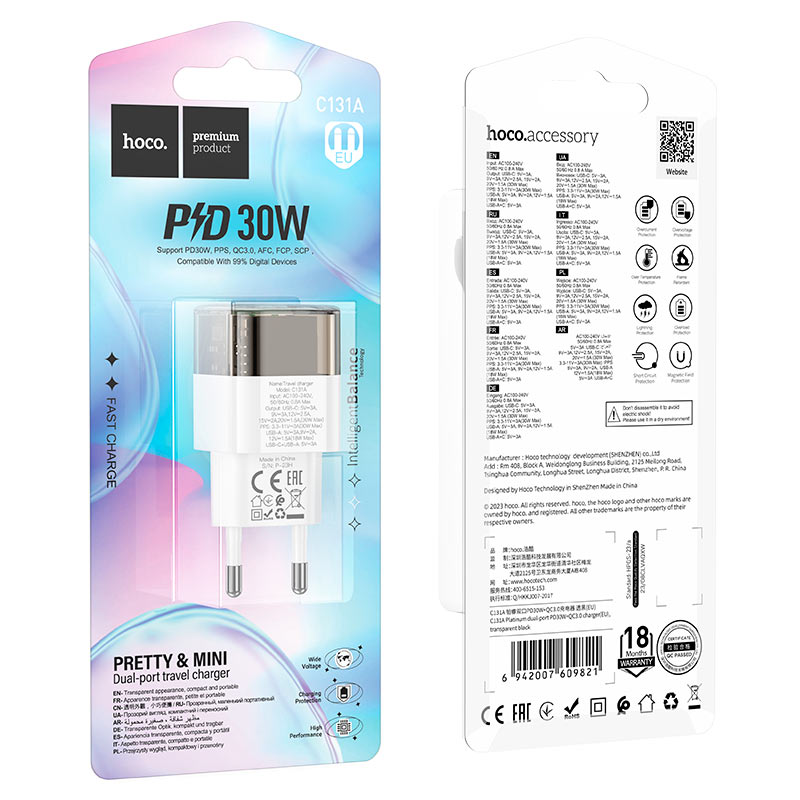 hoco c131a platinum pd30w qc3 dual port wall charger eu packaging transparent black