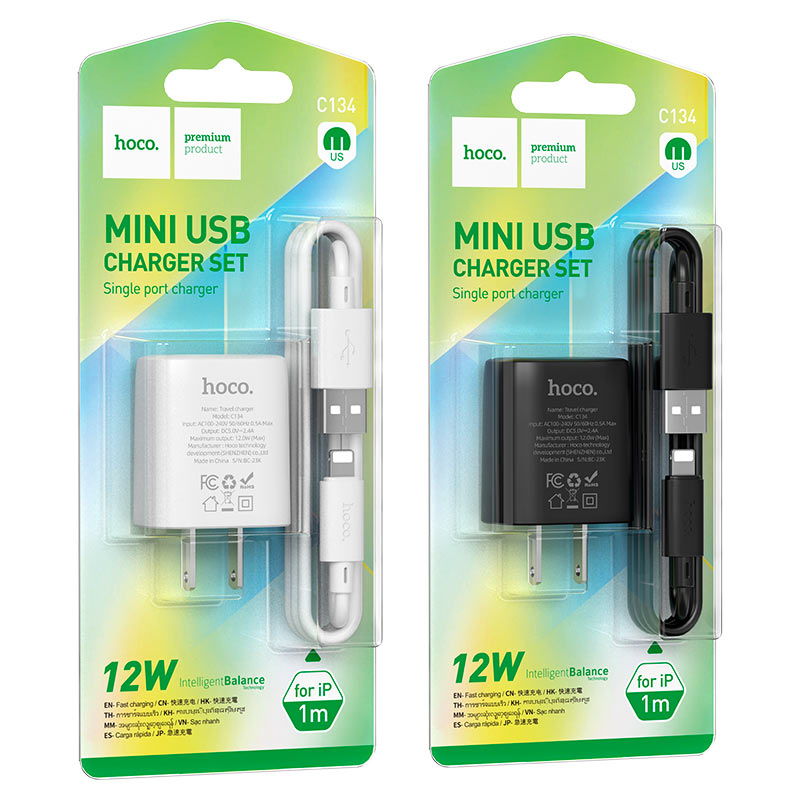 hoco c134 solid single port wall charger us set usb ltn packaging
