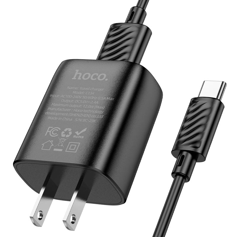 hoco c134 solid single port wall charger us set usb tc cable