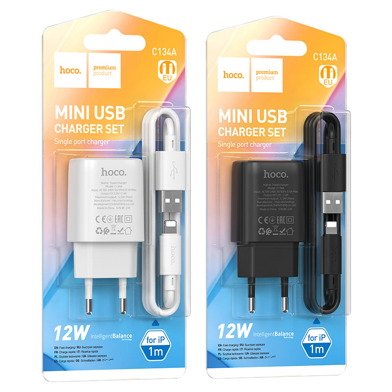 hoco c134a solid single port wall charger eu set usb ltn packaging