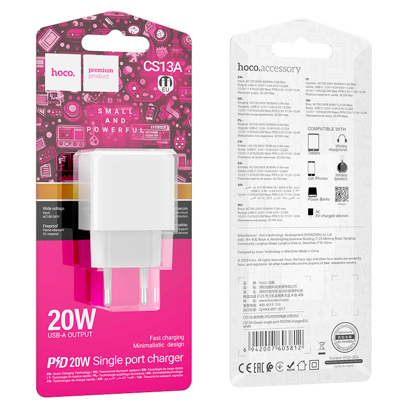 hoco cs13a ocean pd20w single port wall charger eu packaging white