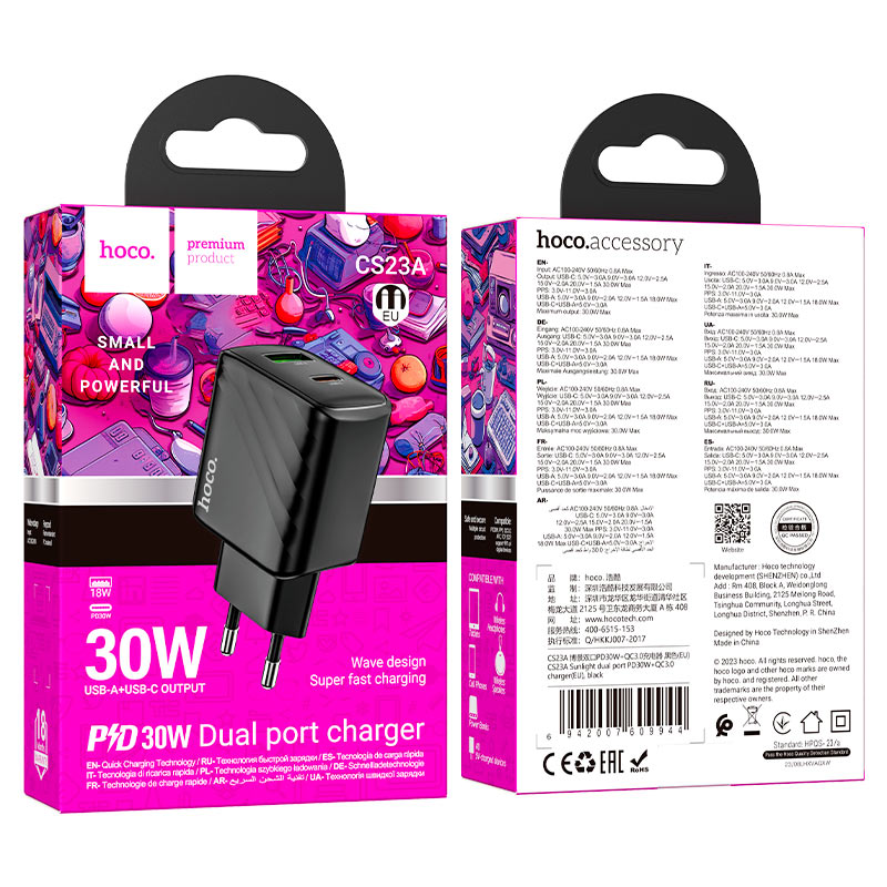 hoco cs23a sunlight pd30w qc3 dual port wall charger eu packaging