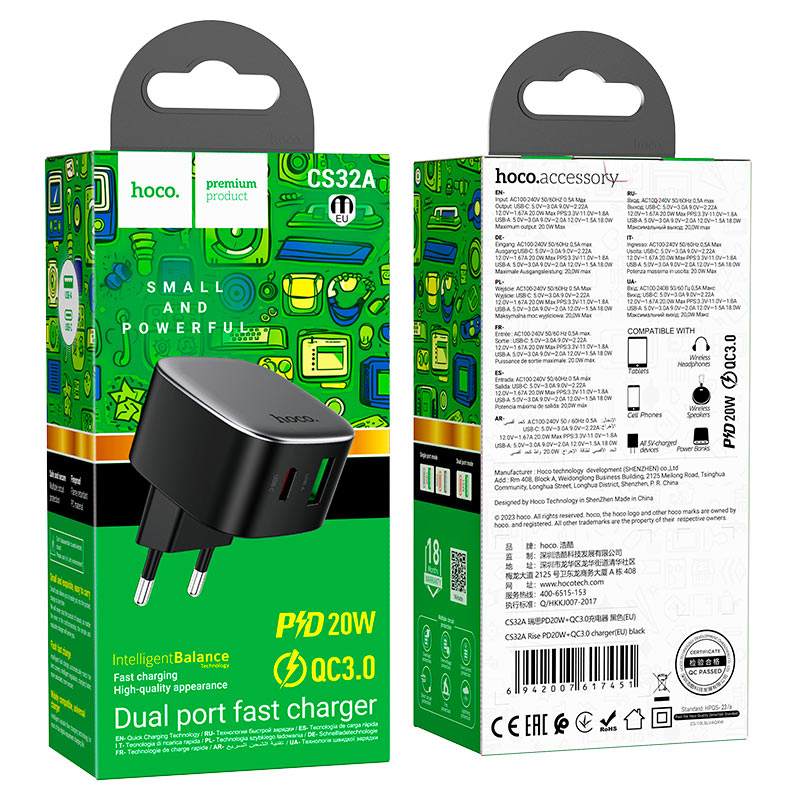 hoco cs32a rise pd20w qc3 dual port wall charger eu packaging
