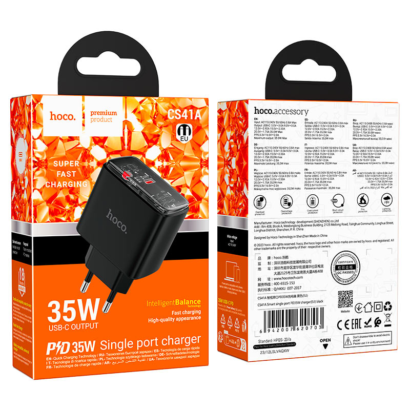 hoco cs41a smart pd35w single port wall charger eu packaging black