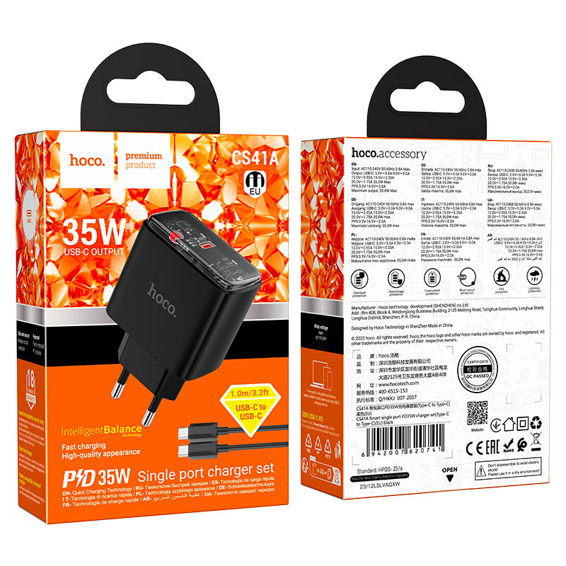 hoco cs41a smart pd35w single port wall charger eu set tc tc packaging black