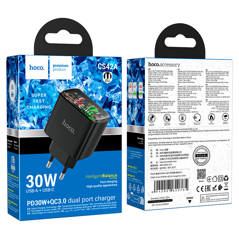 hoco cs42a smart pd30w qc3 dual port wall charger eu packaging black