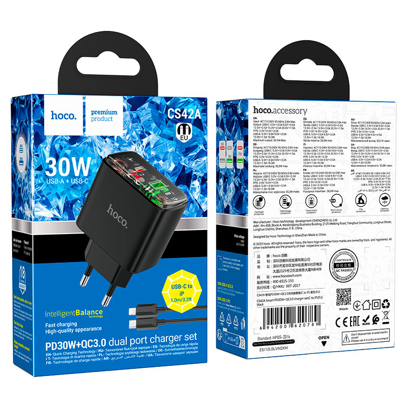 hoco cs42a smart pd30w qc3 dual port wall charger eu set tc ltn packaging black