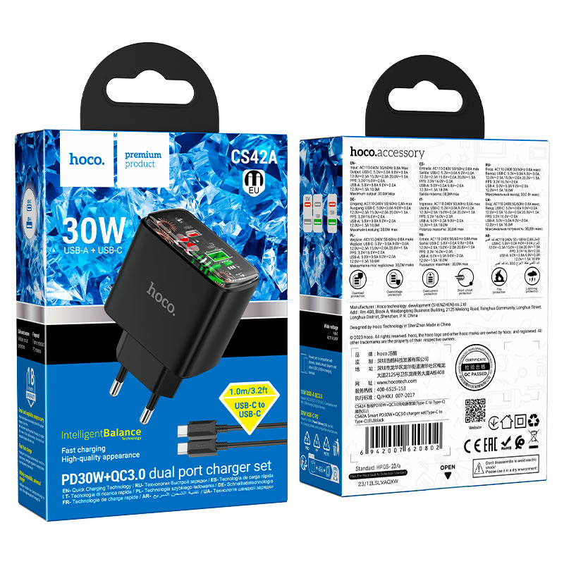 hoco cs42a smart pd30w qc3 dual port wall charger eu set tc tc packaging black