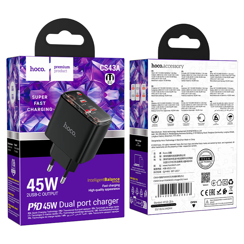 hoco cs43a smart pd45w dual tc port wall charger eu packaging black