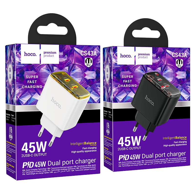 hoco cs43a smart pd45w dual tc port wall charger eu packaging