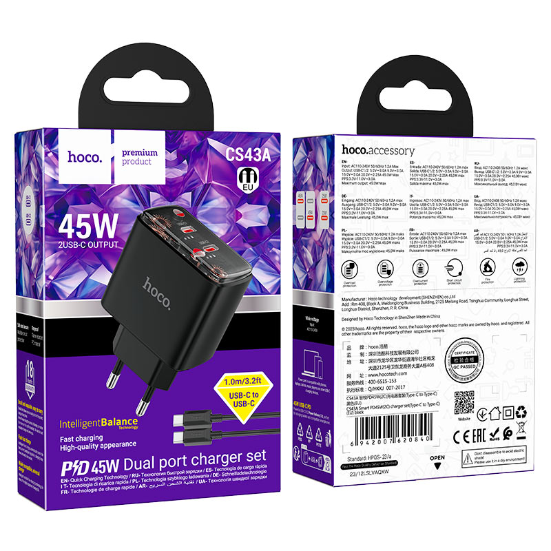 hoco cs43a smart pd45w dual tc port wall charger eu set tc tc packaging black