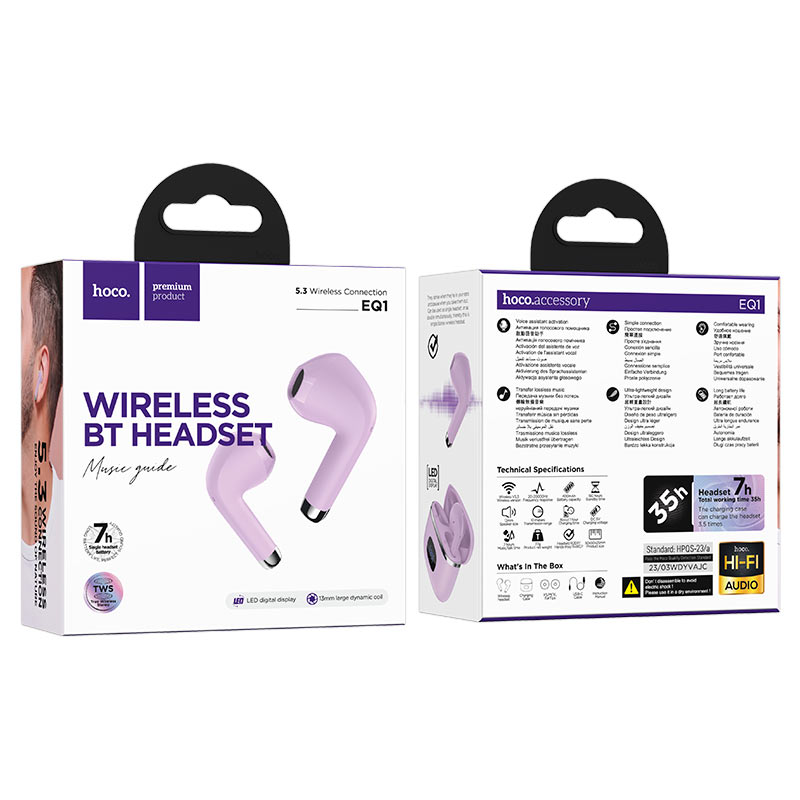hoco eq1 music guide tws headset packaging purple