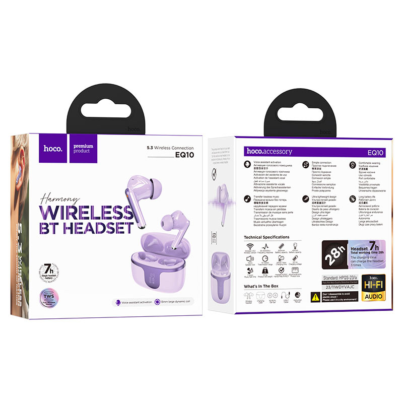 hoco eq10 harmony tws headset packaging purple