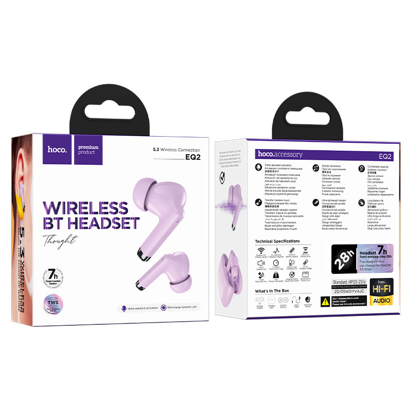 hoco eq2 thought tws headset packaging purple
