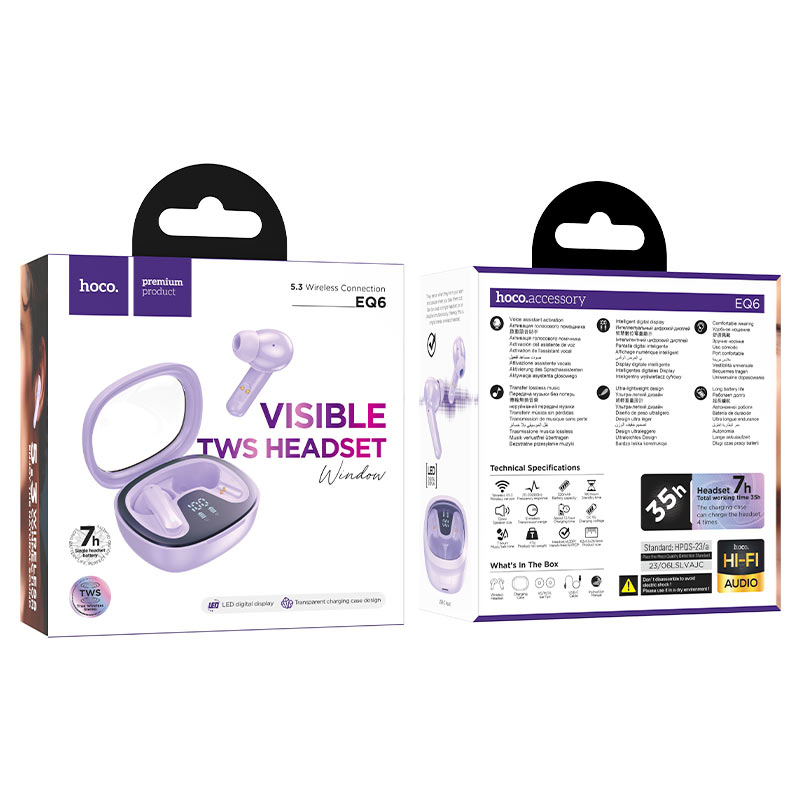 hoco eq6 shadow tws headset packaging purple
