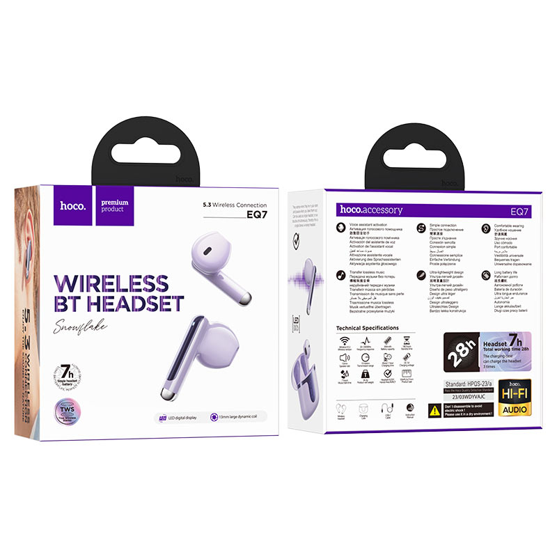 hoco eq7 snowflake tws headset packaging purple