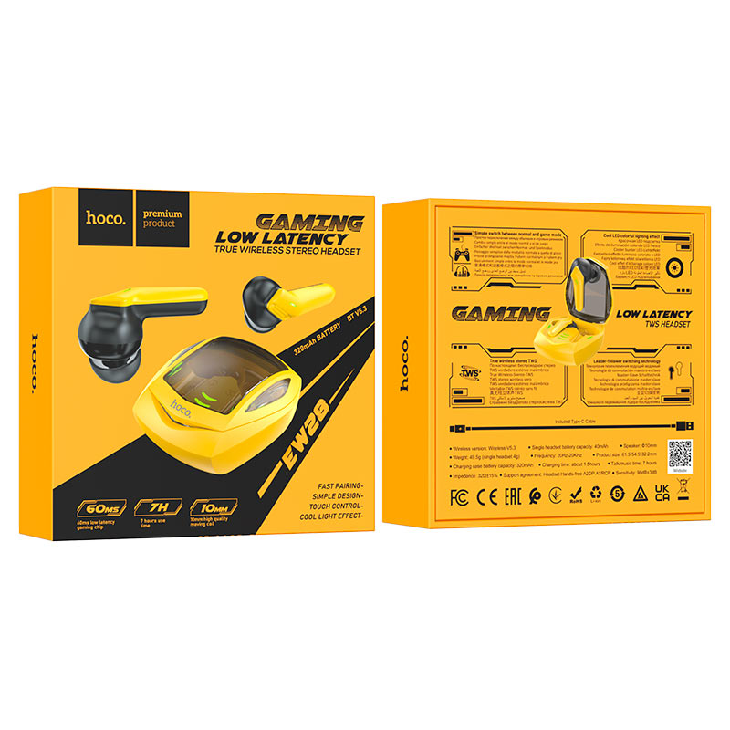 hoco ew28 magic tws gaming headset packaging yellow