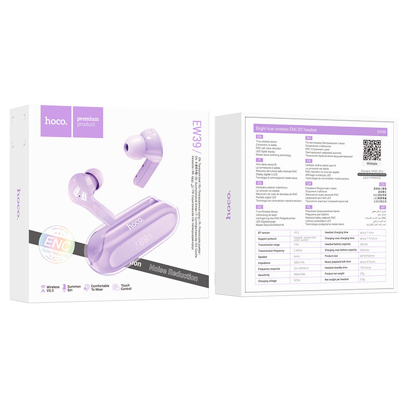 hoco ew39 bright tws enc headset packaging purple