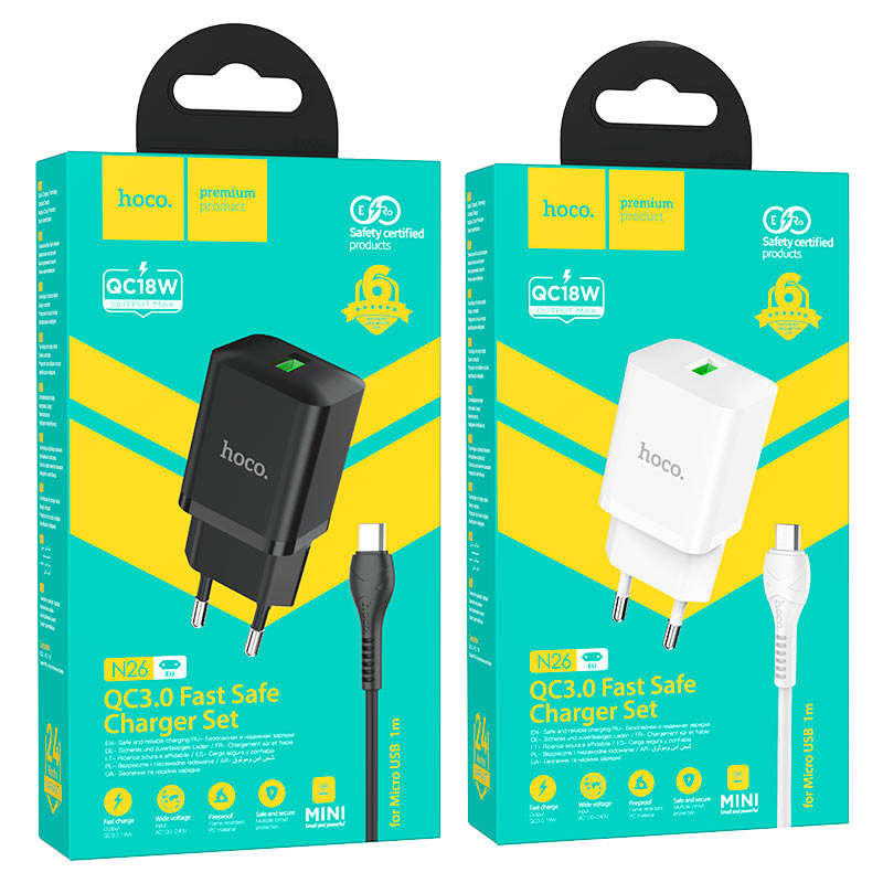 hoco n26 maxim qc3 single port wall charger eu set usb musb packaging