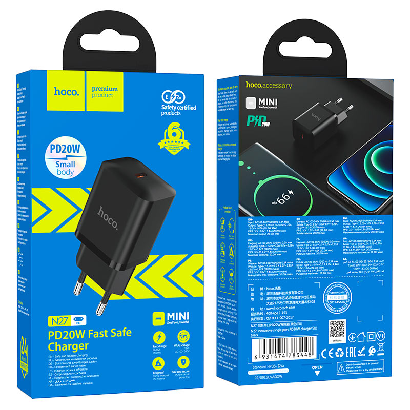 hoco n27 innovative pd20w single port wall charger eu packaging black