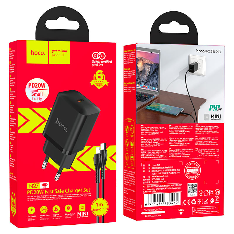 hoco n27 innovative pd20w single port wall charger eu set tc ltn packaging black