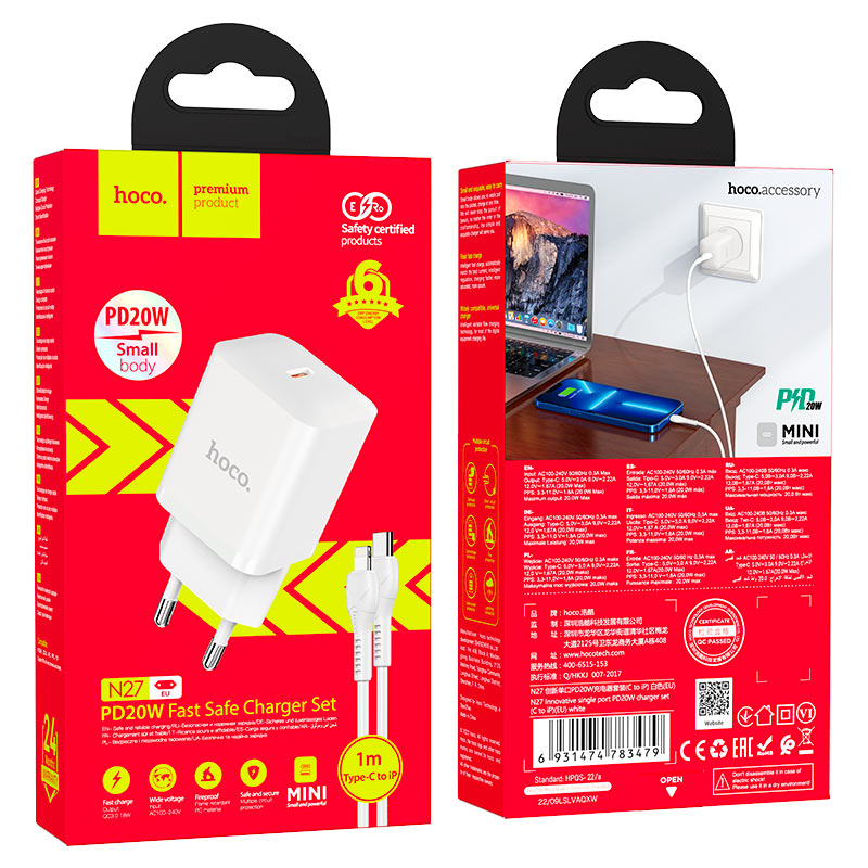 hoco n27 innovative pd20w single port wall charger eu set tc ltn packaging white