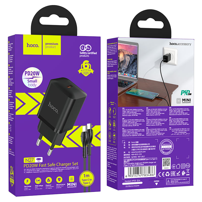 hoco n27 innovative pd20w single port wall charger eu set tc tc packaging black
