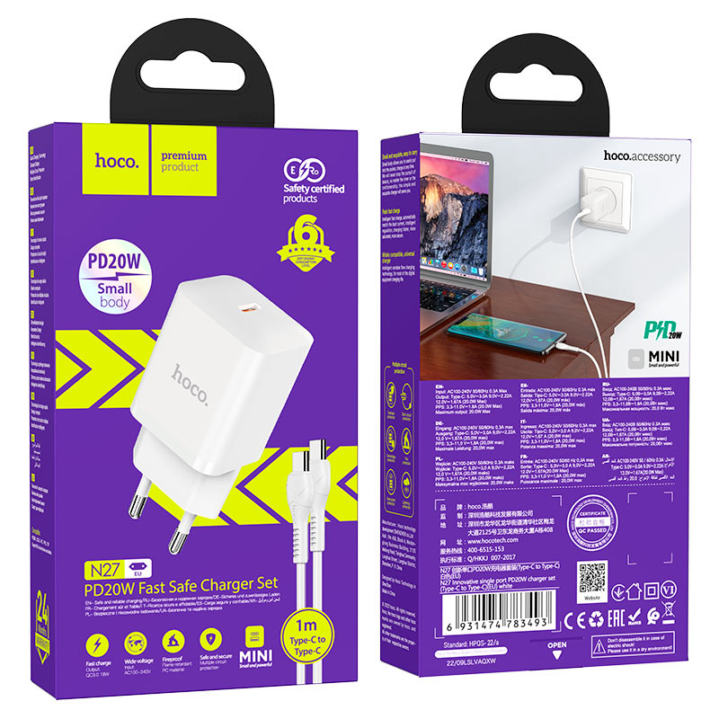 hoco n27 innovative pd20w single port wall charger eu set tc tc packaging white