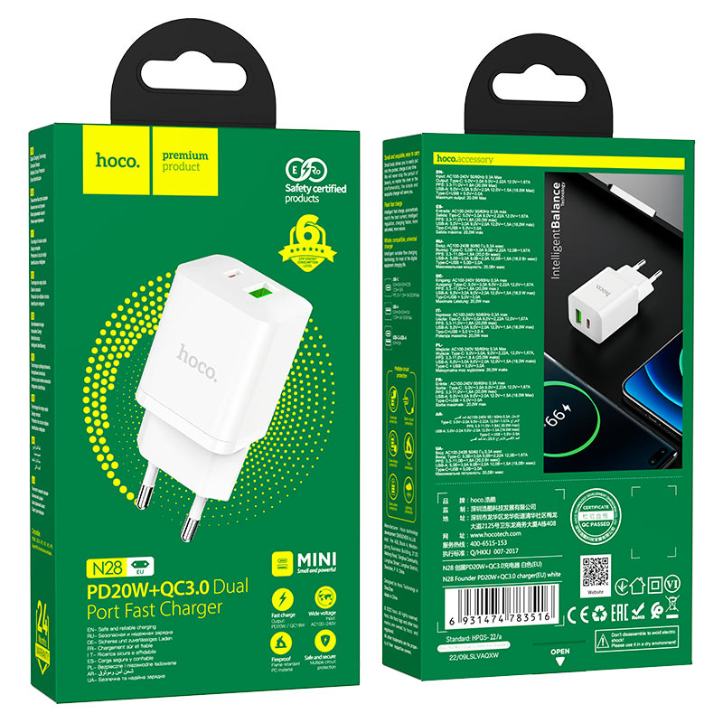 hoco n28 founder pd20w qc3 dual port wall charger eu packaging white
