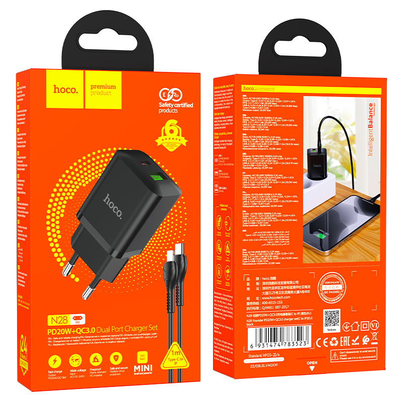 hoco n28 founder pd20w qc3 dual port wall charger eu set tc ltn packaging black