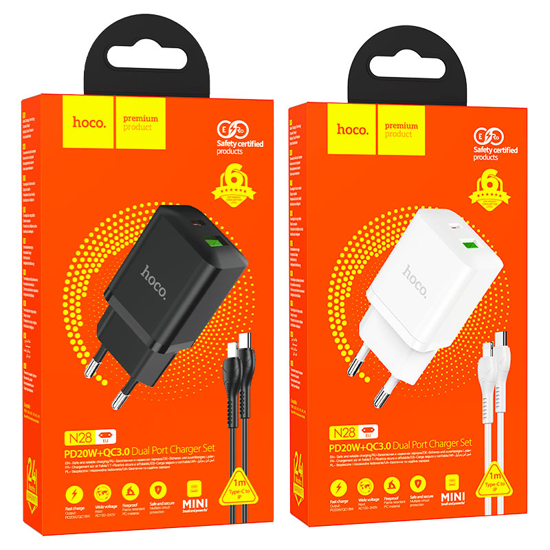 hoco n28 founder pd20w qc3 dual port wall charger eu set tc ltn packaging