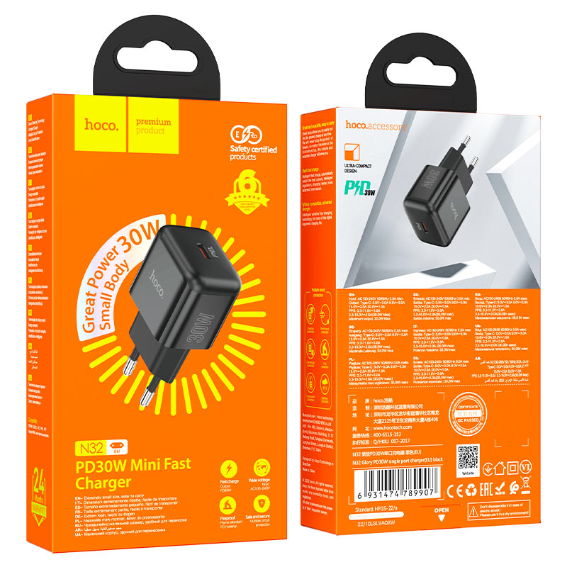 hoco n32 glory pd30w single tc port wall charger eu packaging black