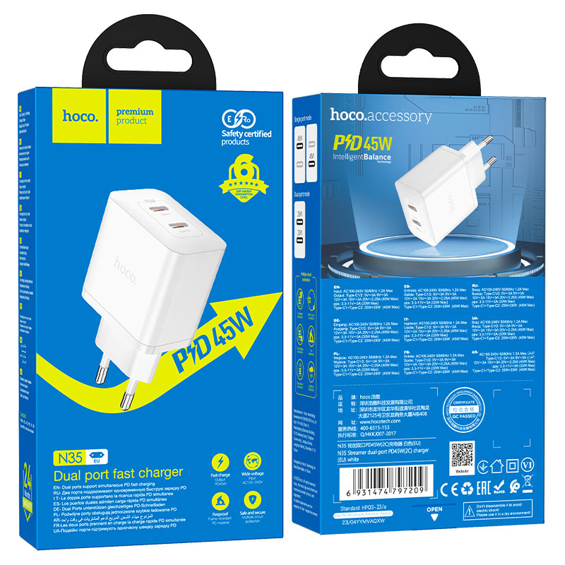 hoco n35 streamer gan pd45w dual tc port wall charger eu packaging white