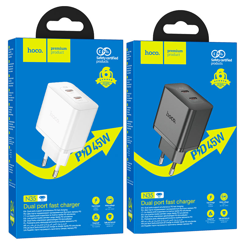 hoco n35 streamer gan pd45w dual tc port wall charger eu packaging