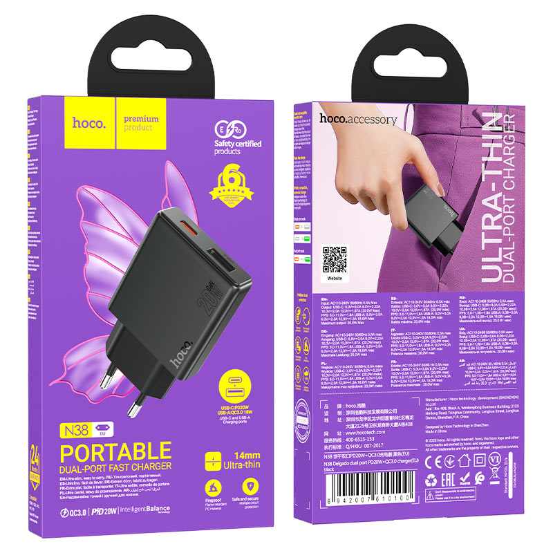 hoco n38 delgado pd20w qc3 dual port wall charger eu packaging