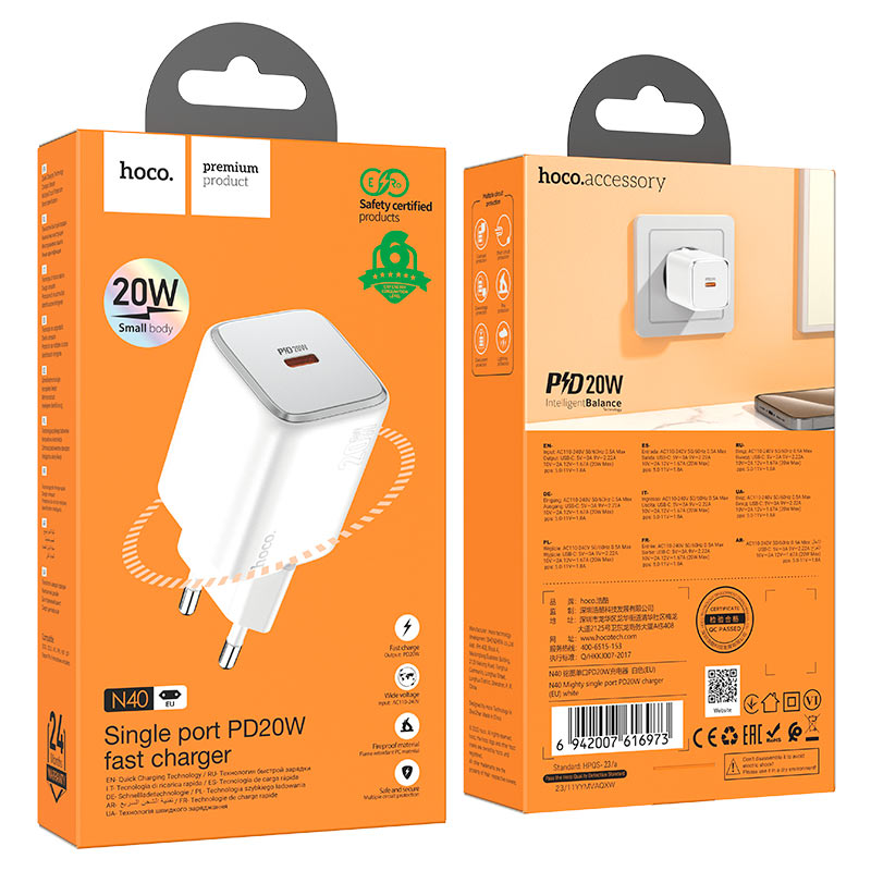 hoco n40 mighty pd20w single port wall charger eu packaging white