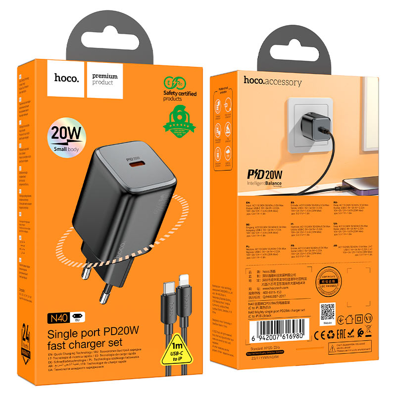 hoco n40 mighty pd20w single port wall charger eu set tc ltn packaging black