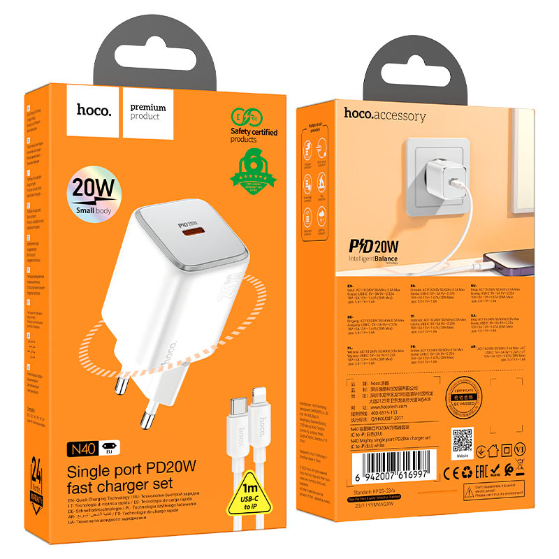 hoco n40 mighty pd20w single port wall charger eu set tc ltn packaging white