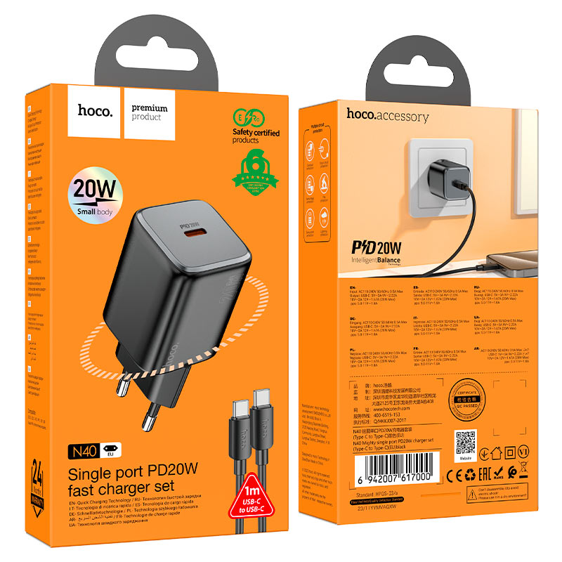 hoco n40 mighty pd20w single port wall charger eu set tc tc packaging black