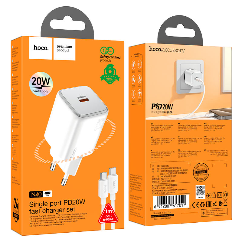 hoco n40 mighty pd20w single port wall charger eu set tc tc packaging white