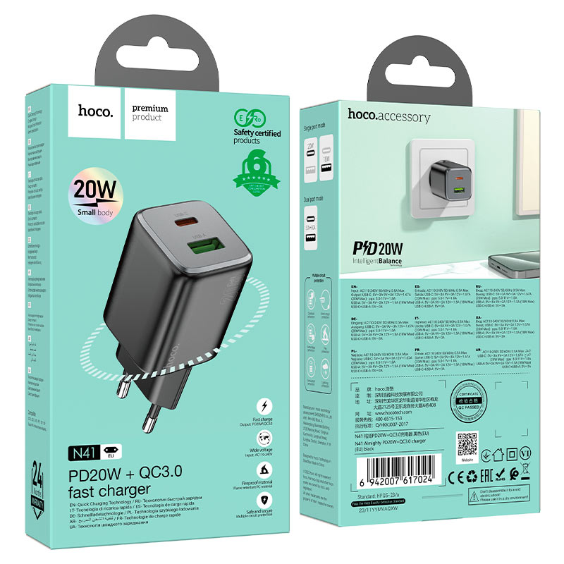 hoco n41 almighty pd20w qc3 dual port wall charger eu packaging black