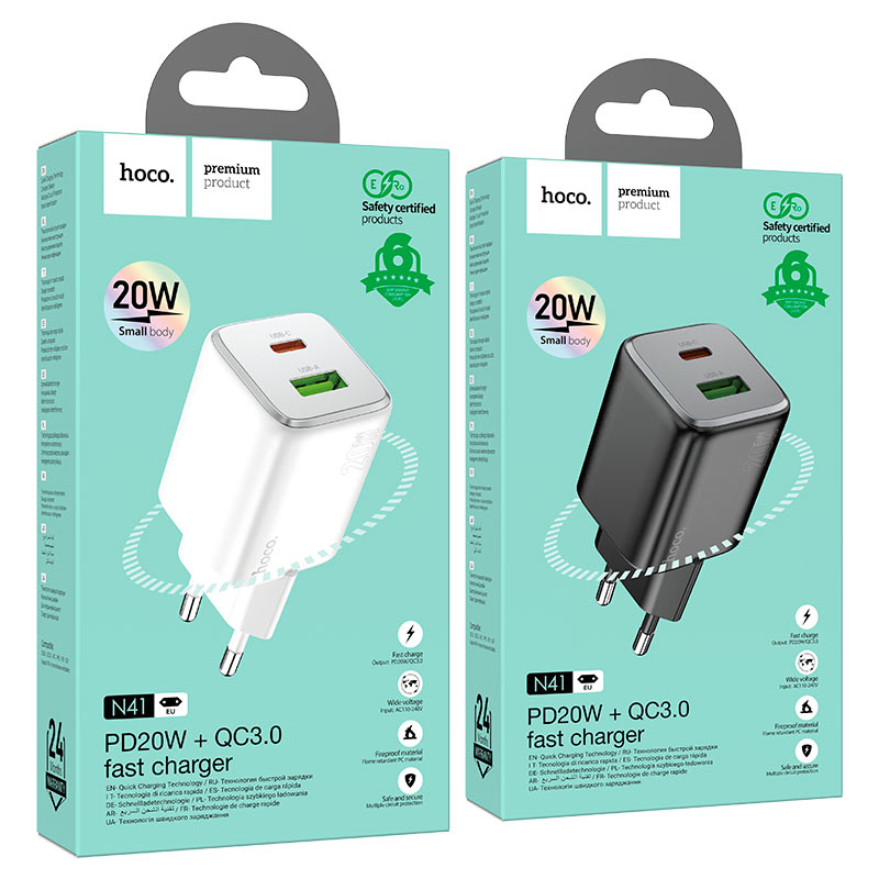 hoco n41 almighty pd20w qc3 dual port wall charger eu packaging