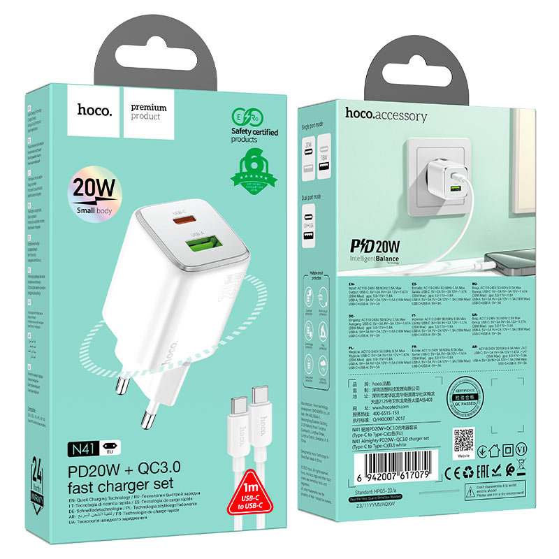 hoco n41 almighty pd20w qc3 dual port wall charger eu set tc tc packaging white