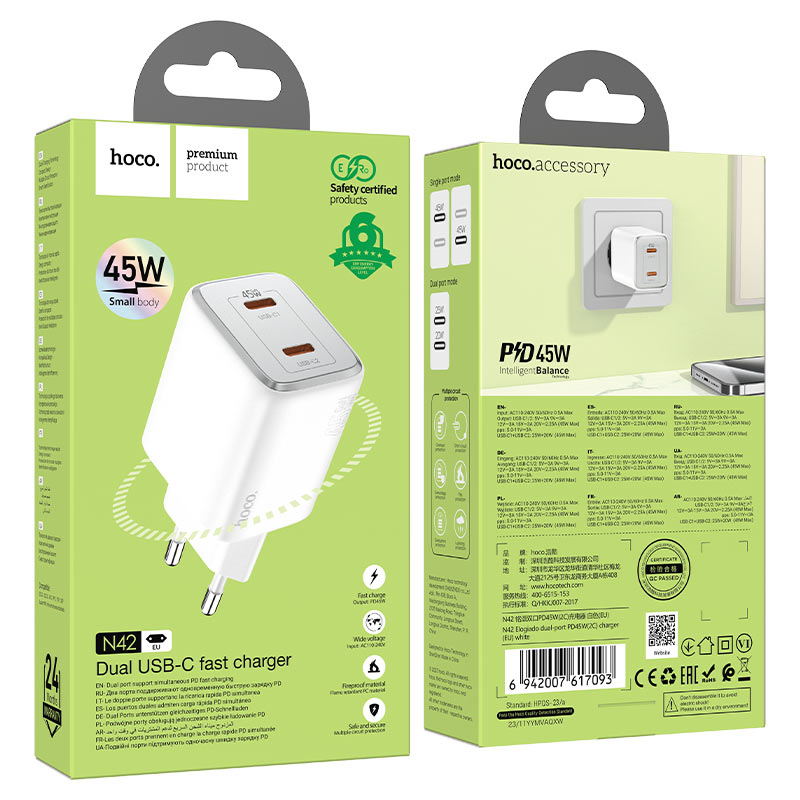 hoco n42 elogiado pd45w dual tc port wall charger eu packaging white