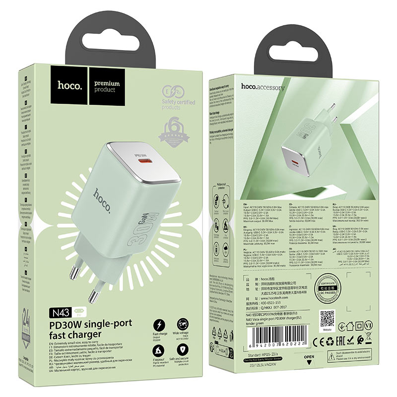 hoco n43 vista pd30w single port wall charger eu packaging tender green