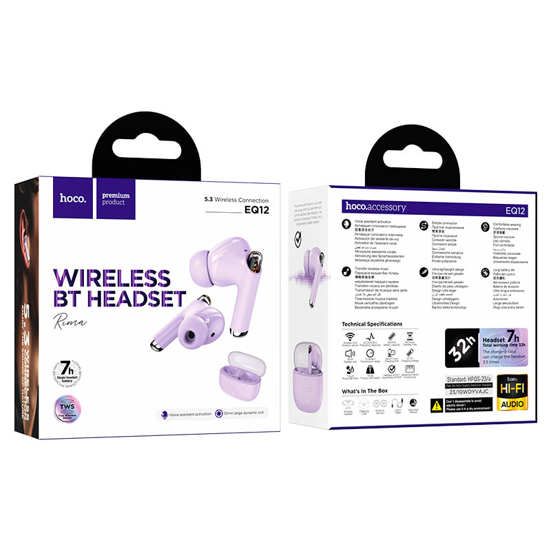 hoco eq12 rima tws headset packaging purple