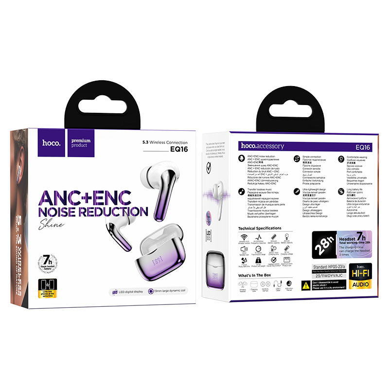 hoco eq16 shine anc enc noise reduction tws headset packaging purple glaze