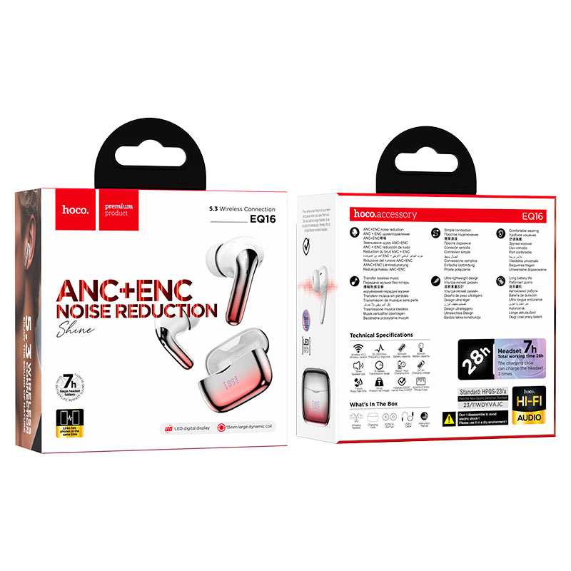 hoco eq16 shine anc enc noise reduction tws headset packaging red glaze