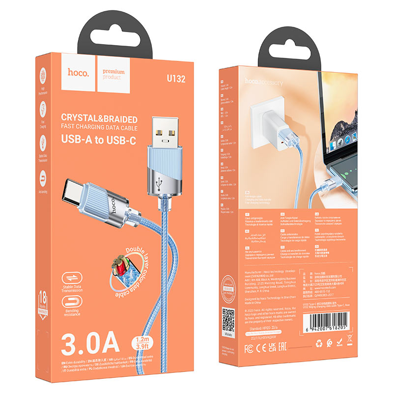 hoco u132 beijing charging data cable usb tc packaging blue