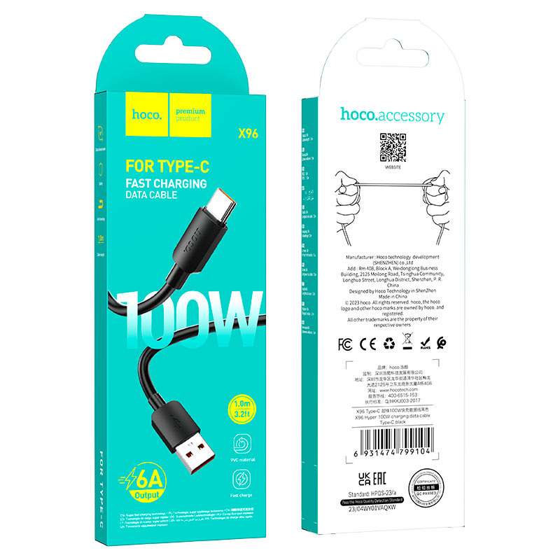 hoco x96 hyper 100w charging data cable usb tc packaging black